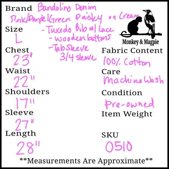 Bandolino Women's Button Up Paisley Pink Purple Tuxedo Bib Lace Detail 3/4 Large - Picture 10 of 10